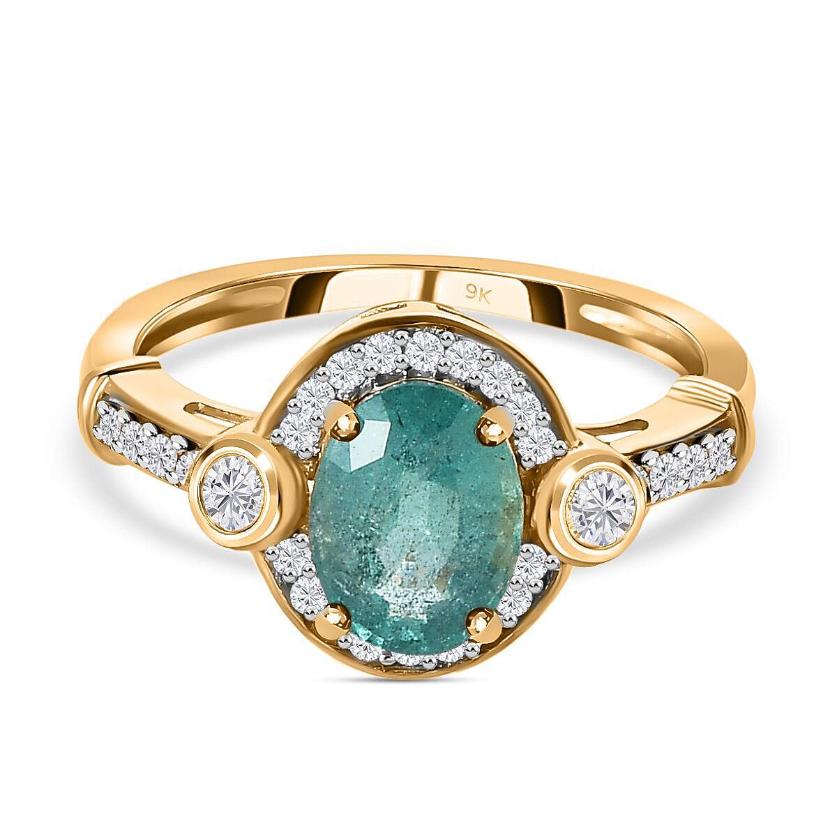 9K Yellow Gold Zambian Emerald and Diamond (G-H) Ring 1.43 Ct.