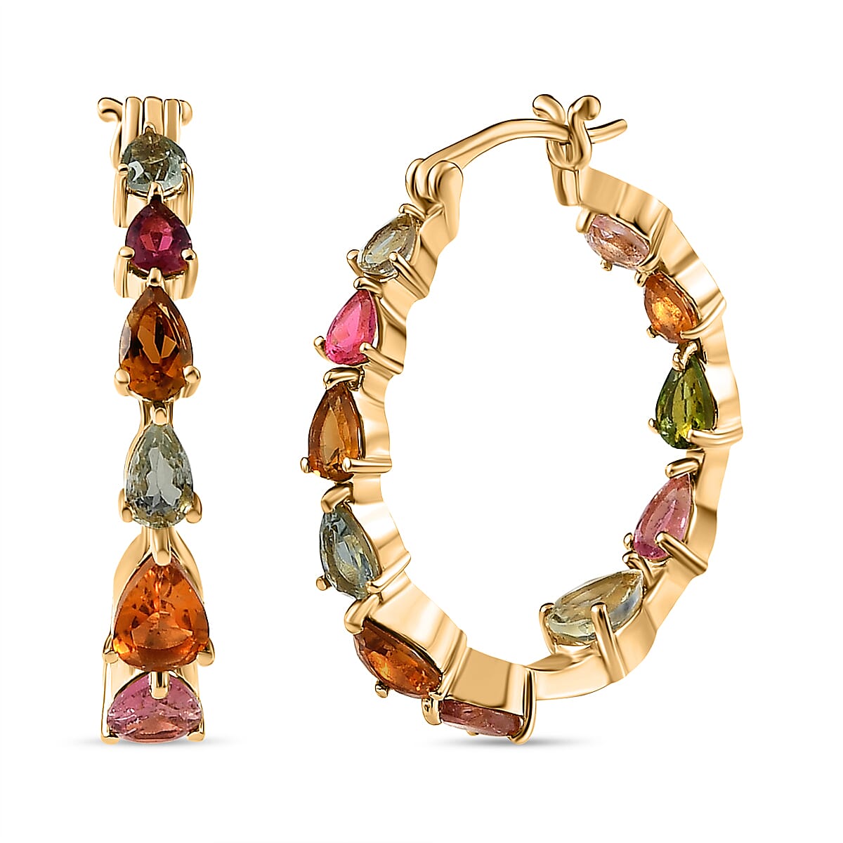 Multi-Tourmaline Full Hoop Earrings in 18K Vermeil Yellow Gold Plated Sterling Silver 4.90 Ct.