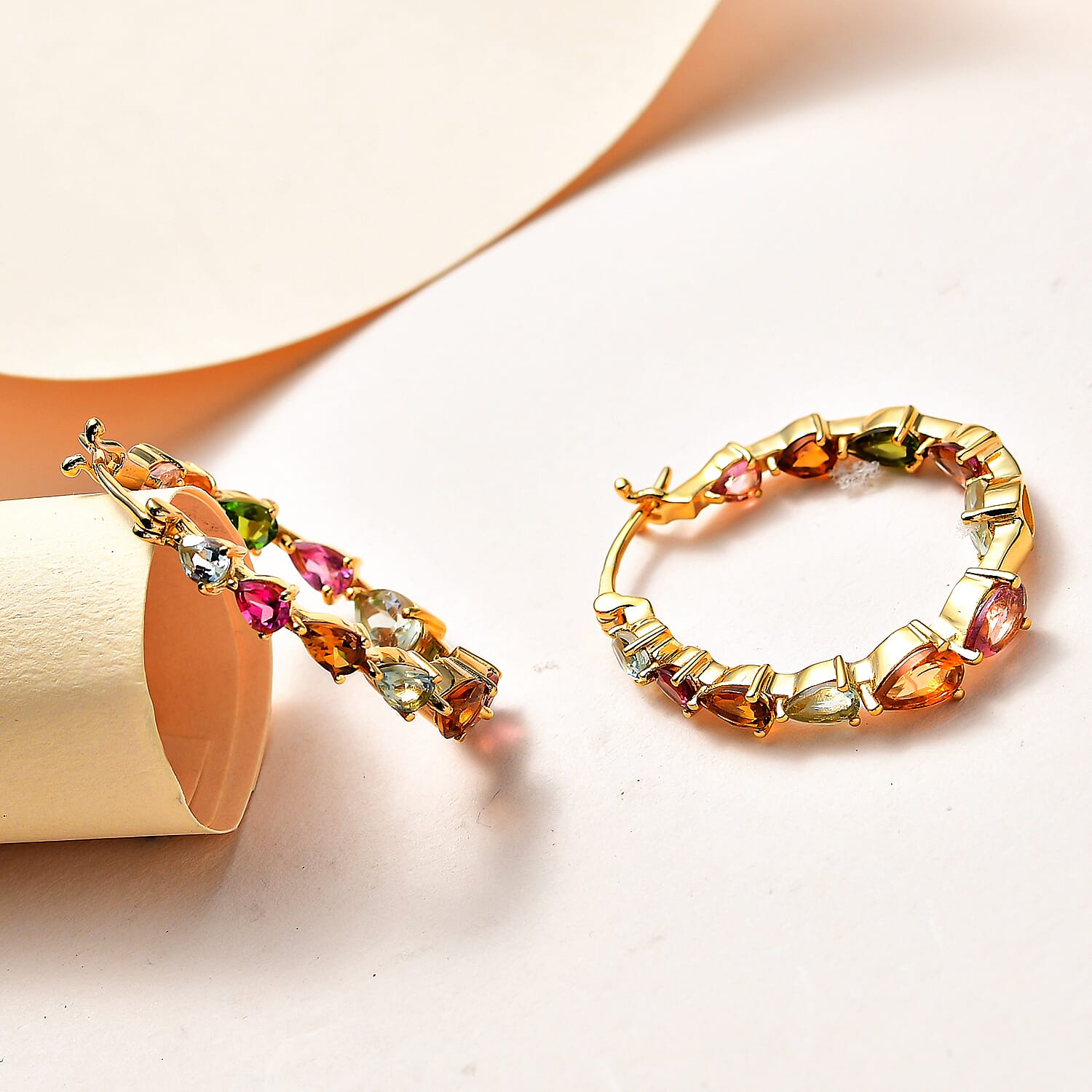 Multi-Tourmaline Full Hoop Earrings in 18K Vermeil Yellow Gold Plated Sterling Silver 4.90 Ct.