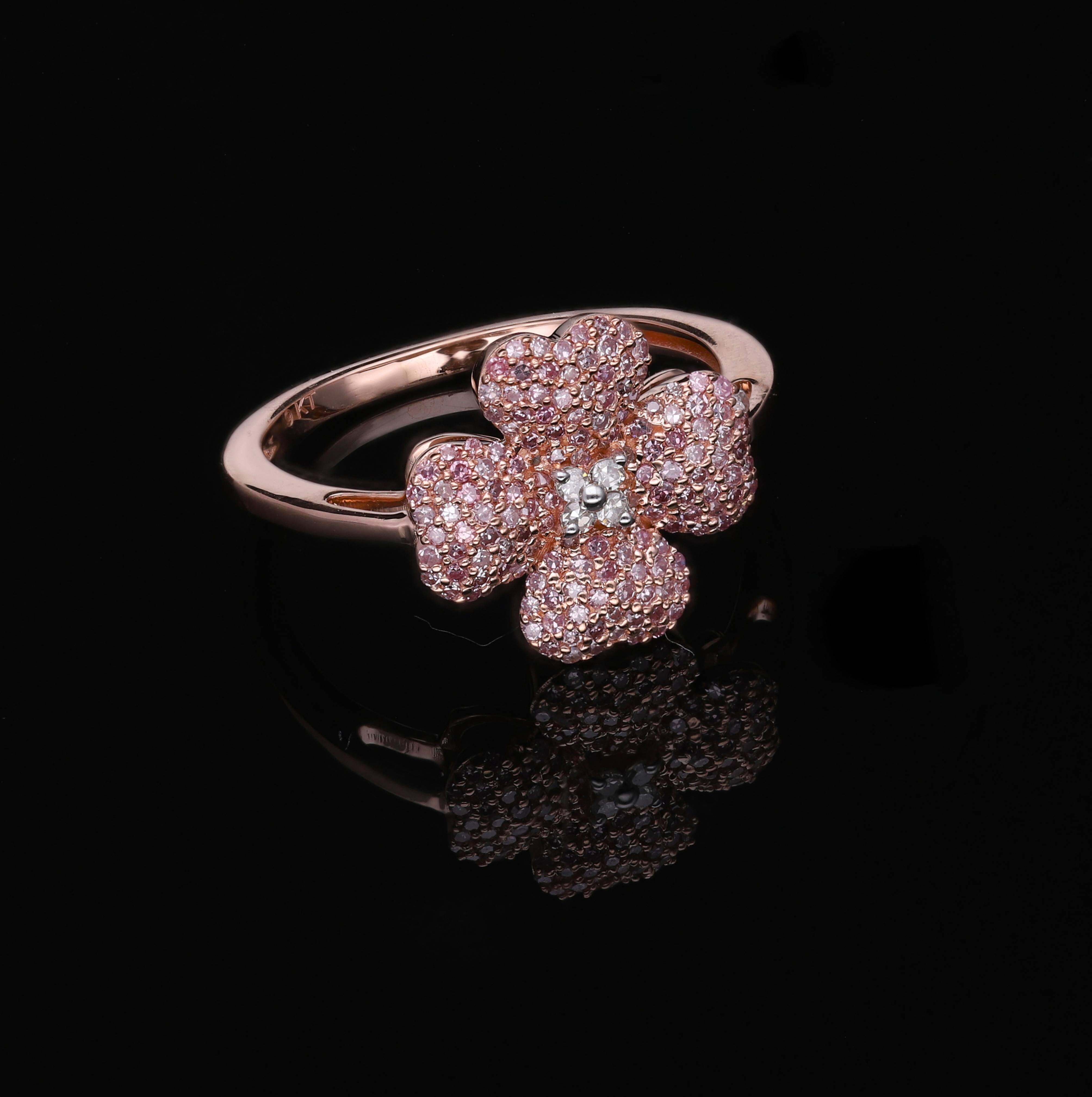 9K Rose Gold SGL Certified Natural Pink Diamond and White Diamond (I1-I2-G-H) Clover Ring 0.50 Ct.