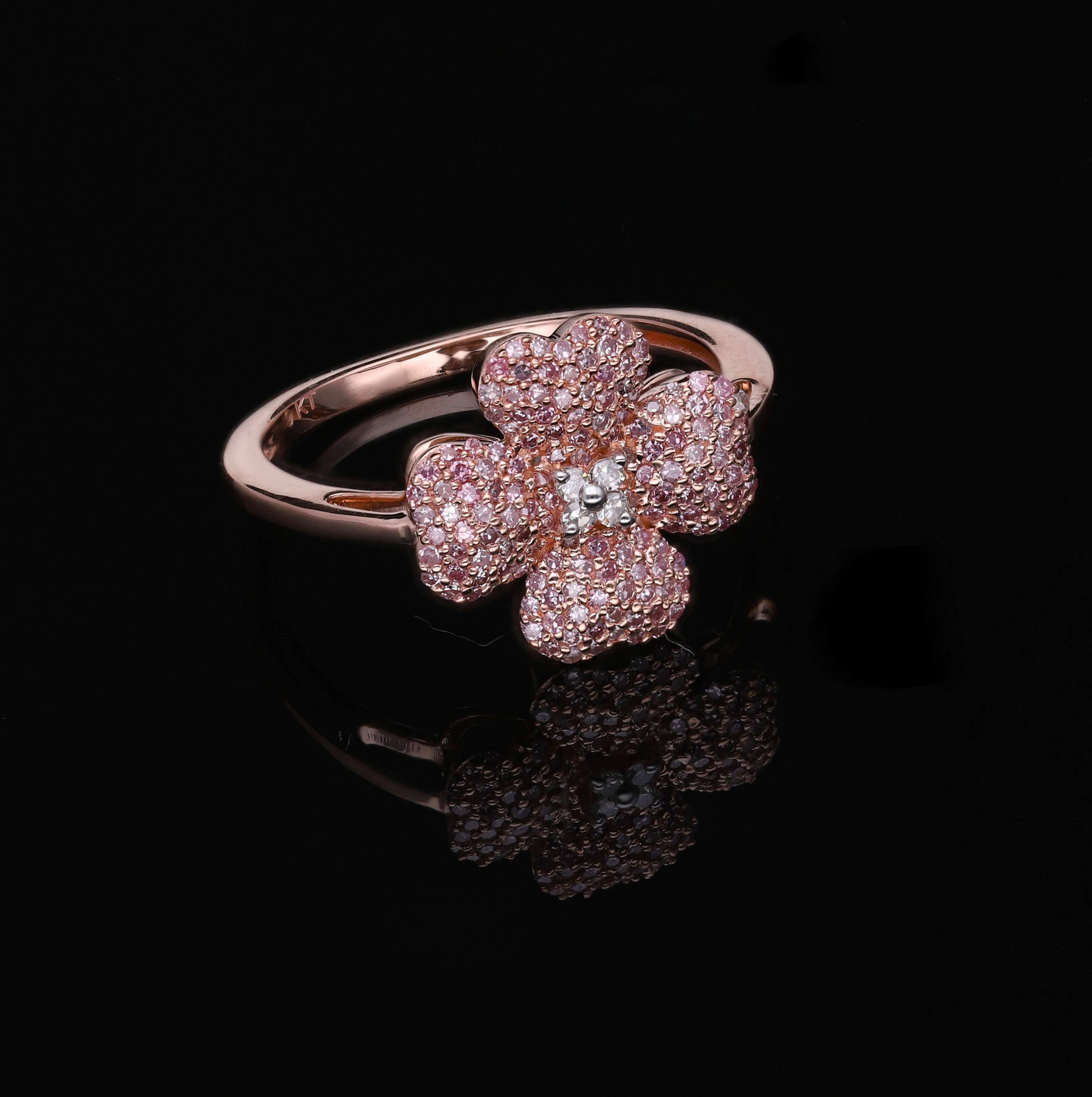 9K Rose Gold SGL Certified Natural Pink Diamond and White Diamond (I1-I2-G-H) Clover Ring 0.50 Ct.