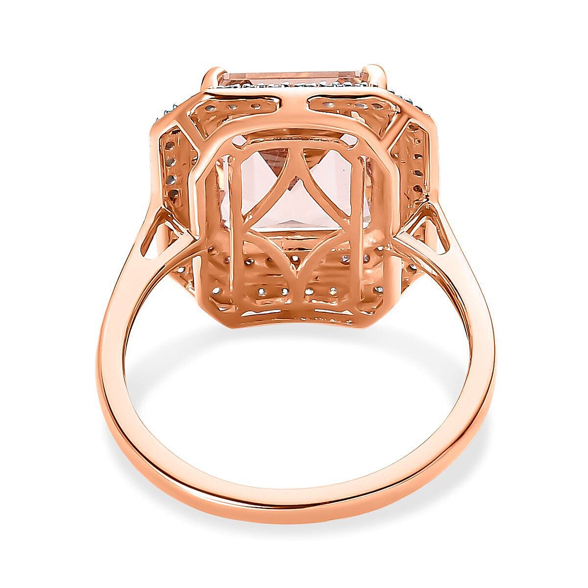 14K Rose Gold Morganite, Pink Diamond and White Diamond Halo Ring 4.35 Ct.