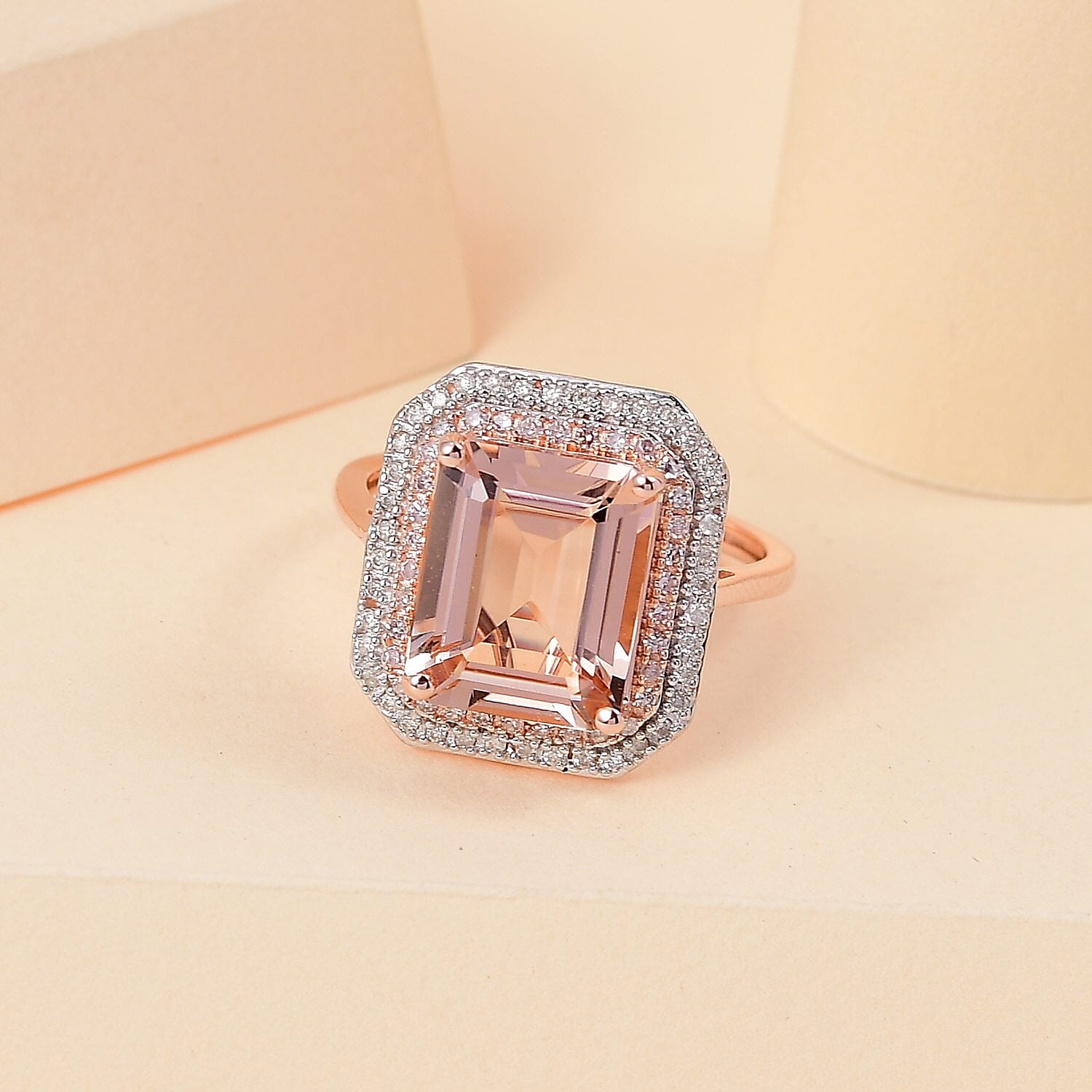 14K Rose Gold Morganite, Pink Diamond and White Diamond Halo Ring 4.35 Ct.