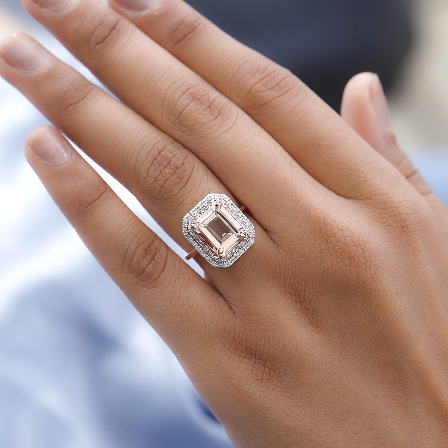 14K Rose Gold Morganite, Pink Diamond and White Diamond Halo Ring 4.35 Ct.