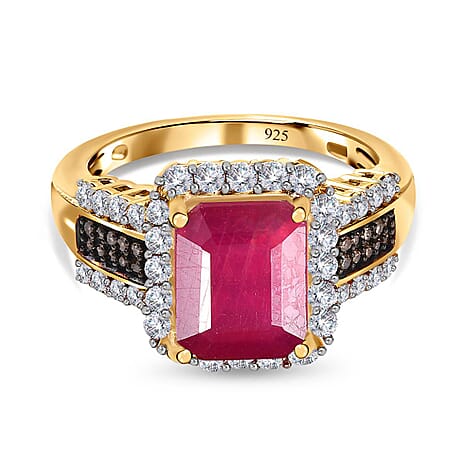 African Ruby, Natural Zircon and Champagne Diamond Ring in 18K Vermeil Yellow Gold Plated Sterling Silver 6.02 Ct