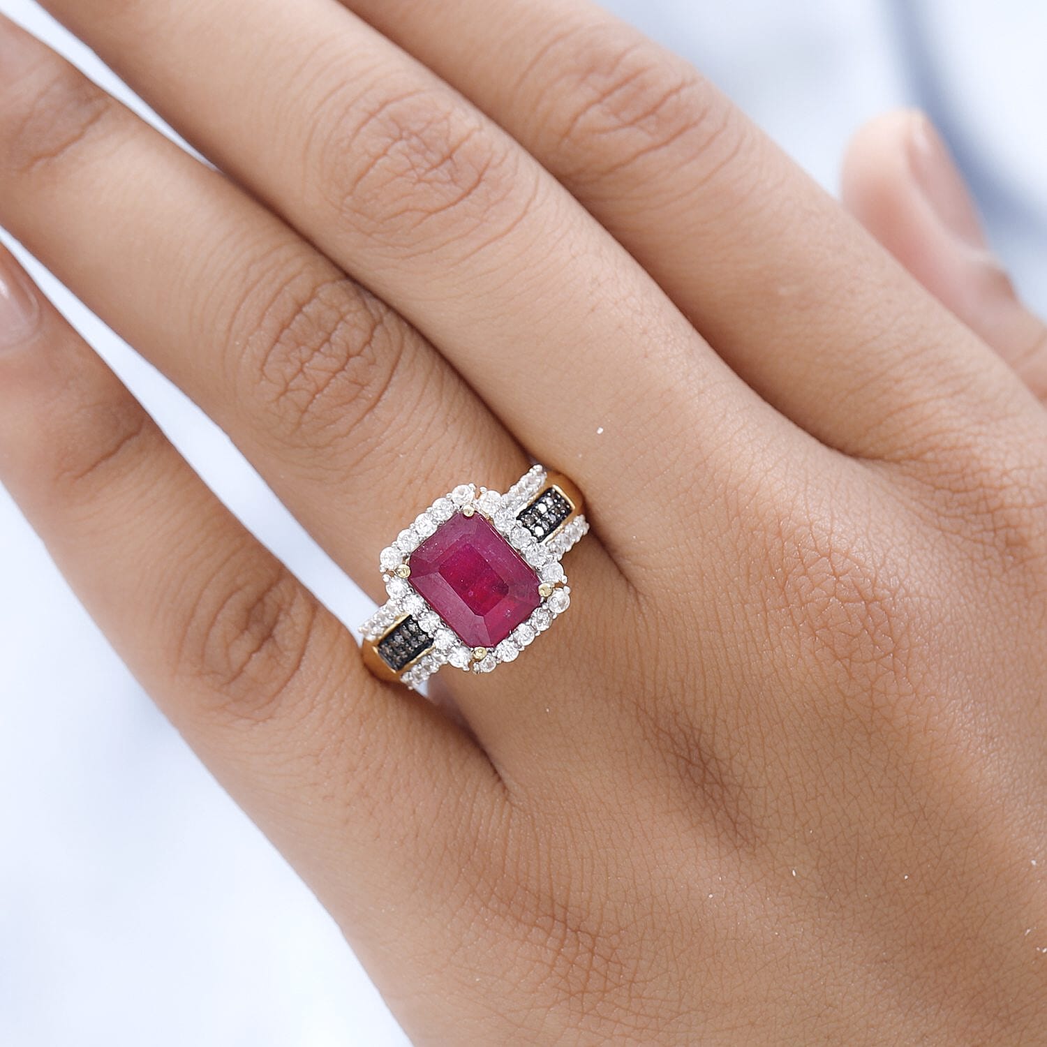 African Ruby, Natural Zircon and Champagne Diamond Ring in 18K Vermeil Yellow Gold Plated Sterling Silver 6.02 Ct
