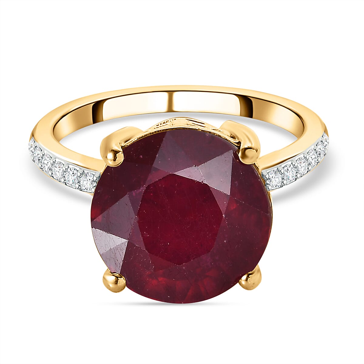 African Ruby & Moissanite Ring in 18K Yellow Gold Vermeil Plated Sterling Silver 9.18 Ct.