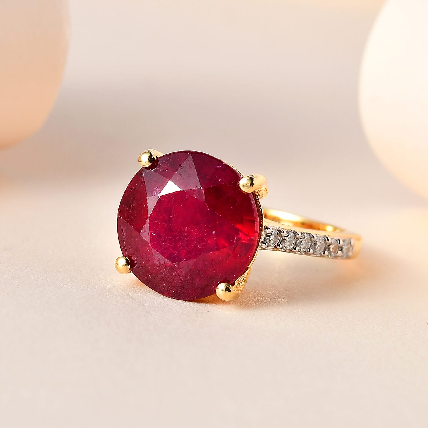 African Ruby & Moissanite Ring in 18K Yellow Gold Vermeil Plated Sterling Silver 9.18 Ct.