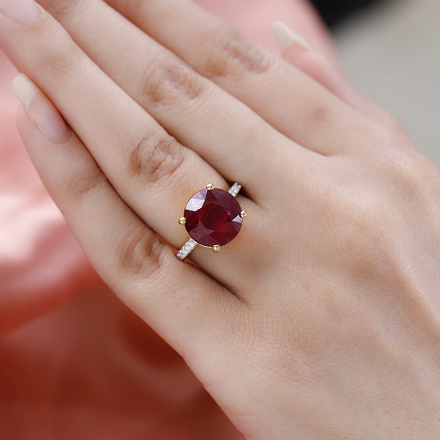 African Ruby & Moissanite Ring in 18K Yellow Gold Vermeil Plated Sterling Silver 9.18 Ct.
