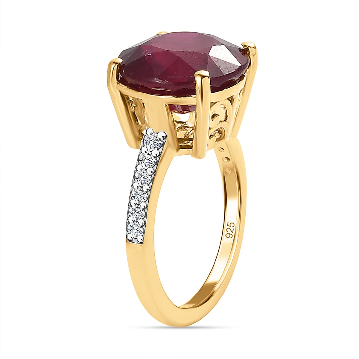 African Ruby & Moissanite Ring in 18K Yellow Gold Vermeil Plated Sterling Silver 9.18 Ct.