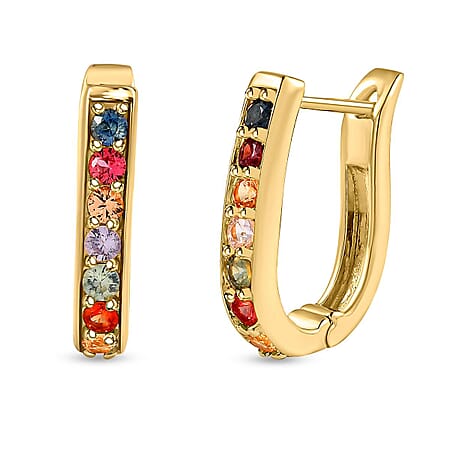 Multi Sapphire Half Hoop Earrings (with Clasp) in 18K Vermeil Yellow Gold Plated Sterling Silver 1.246 Ct, Silver Wt. 5.11 Gms