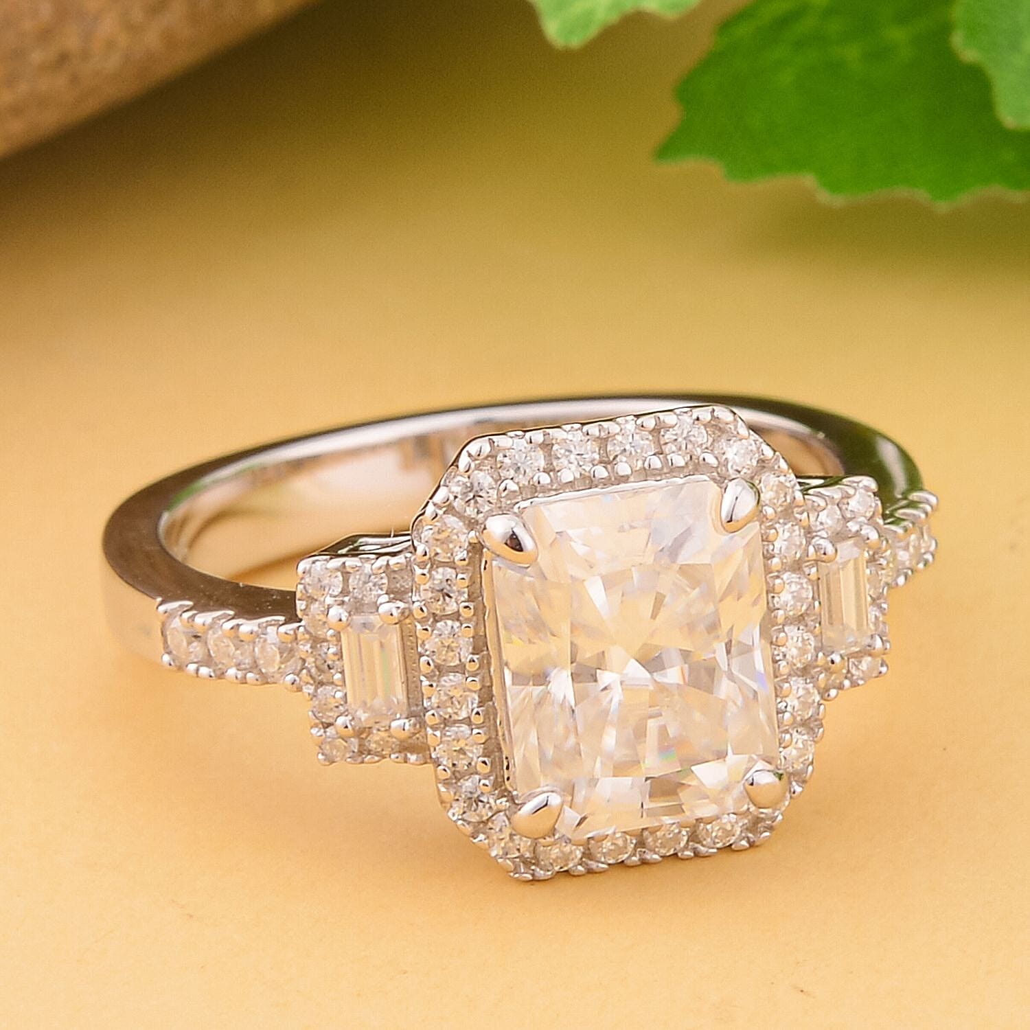 Moissanite Halo Ring in Rhodium Overlay Sterling Silver 3.05 Ct