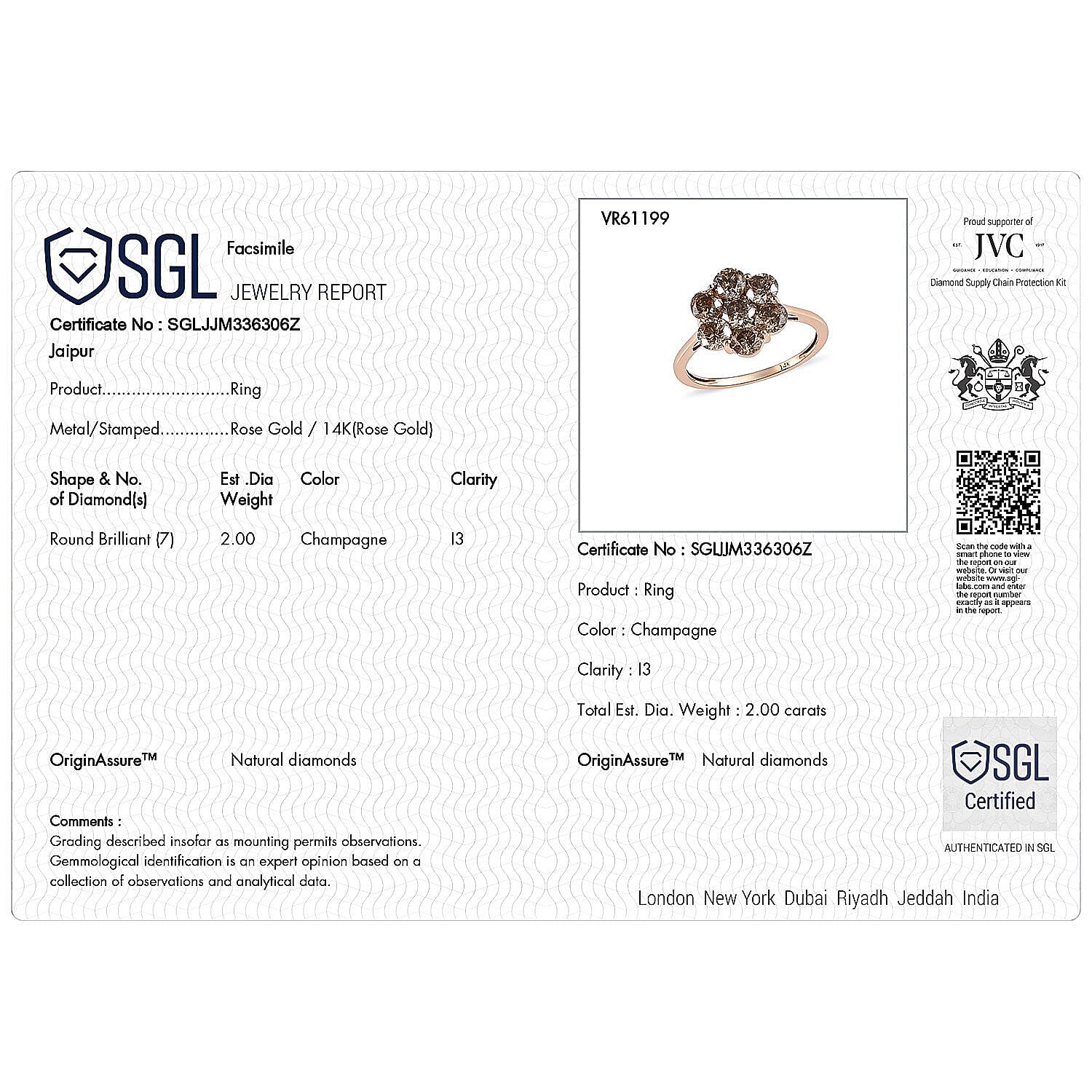 14K Rose Gold SGL Certified Natural Champagne Diamond Floral Ring 2.00 Ct.