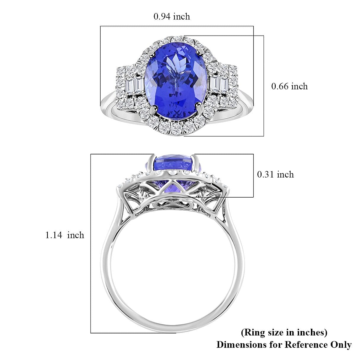 RHAPSODY 950 Platinum AAAA Tanzanite and Diamond (VS-E-F) Ring 5.29 Ct, Platinum Wt. 6.04 Gms Size L (Resize To I,J,K,M,N,O)