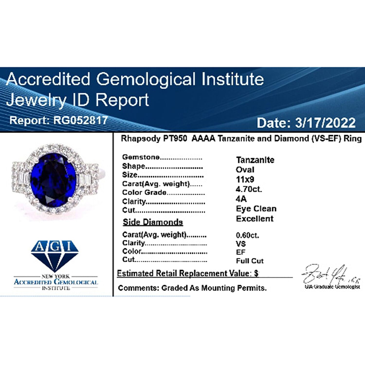 RHAPSODY 950 Platinum AAAA Tanzanite and Diamond (VS-E-F) Ring 5.29 Ct, Platinum Wt. 6.04 Gms Size L (Resize To I,J,K,M,N,O)