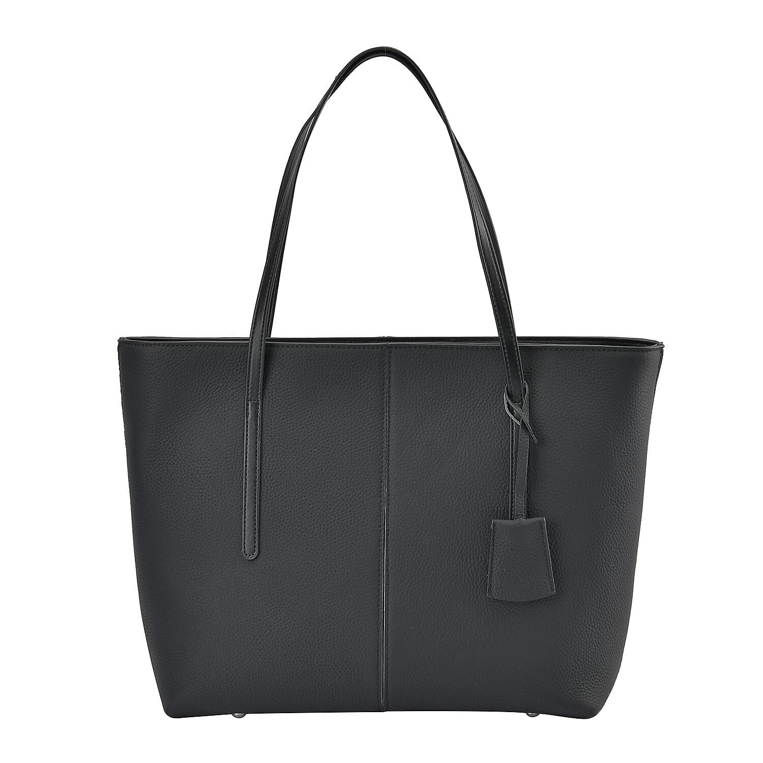 Genuine Leather Solid Tote Bag - Black