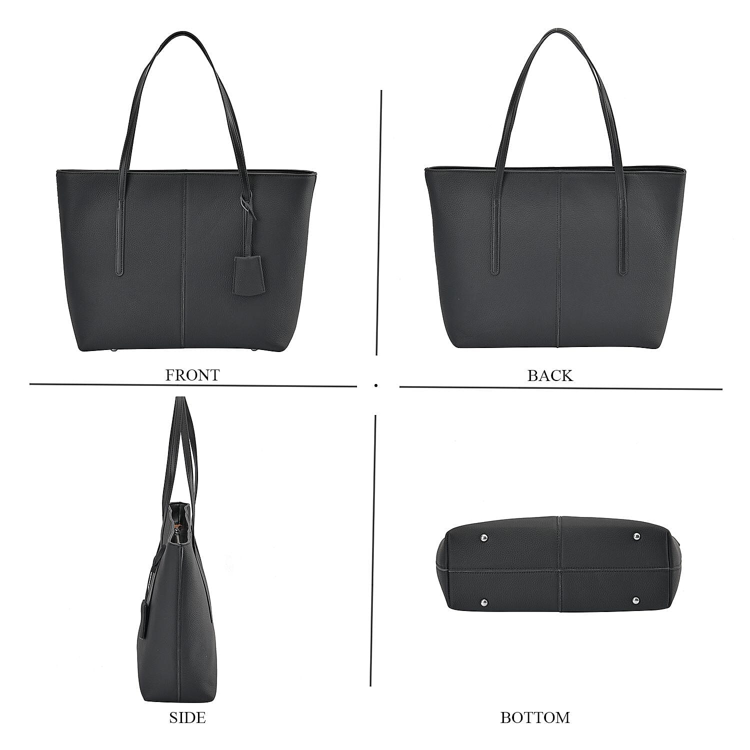 Genuine Leather Solid Tote Bag - Black