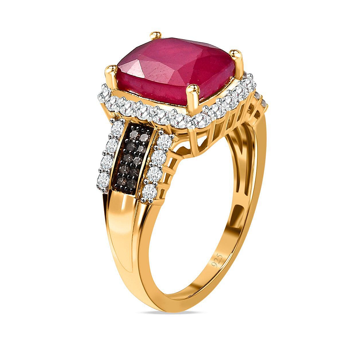 African Ruby, Natural Zircon and Champagne Diamond Ring in 18K Vermeil Yellow Gold Plated Sterling Silver 6.01 Ct