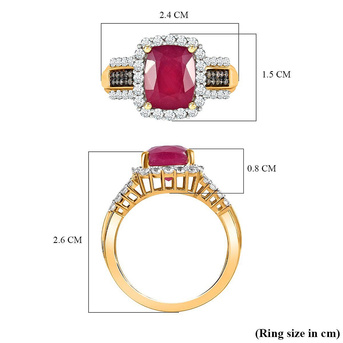 African Ruby, Natural Zircon and Champagne Diamond Ring in 18K Vermeil Yellow Gold Plated Sterling Silver 6.01 Ct