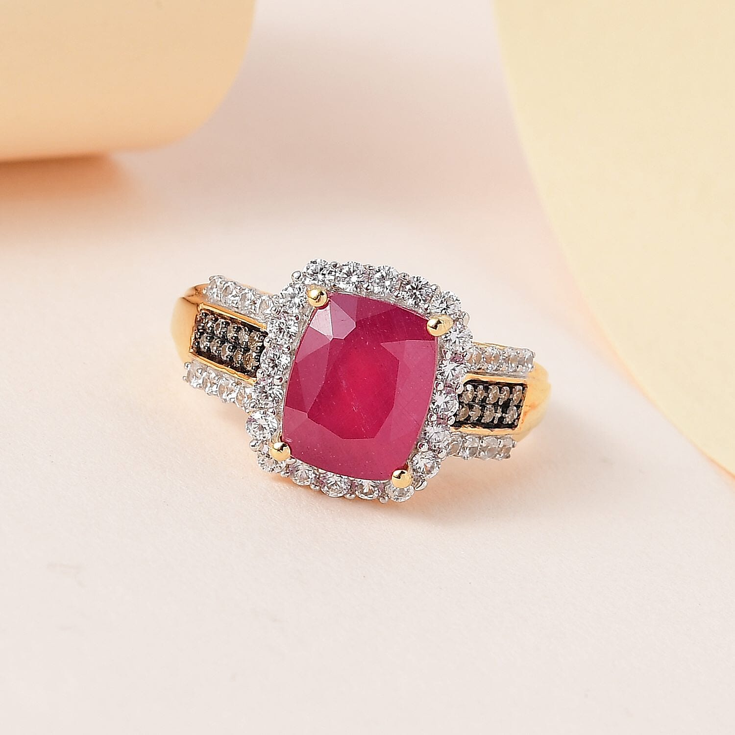 African Ruby, Natural Zircon and Champagne Diamond Ring in 18K Vermeil Yellow Gold Plated Sterling Silver 6.01 Ct