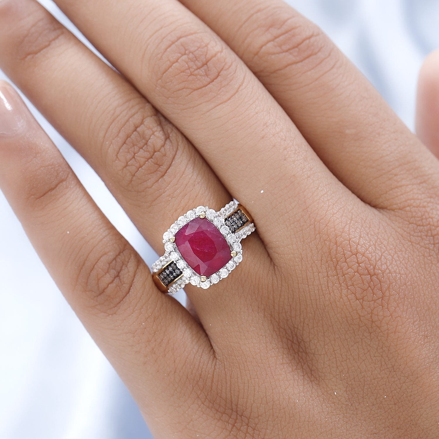 African Ruby, Natural Zircon and Champagne Diamond Ring in 18K Vermeil Yellow Gold Plated Sterling Silver 6.01 Ct