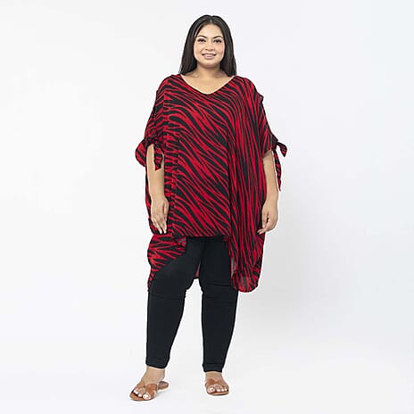 Tamsy 100% Viscose Cold Shoulder Longline Top (One Size,8-18) - Red & Black
