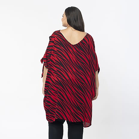 Tamsy 100% Viscose Cold Soulder Longline Top (One Size Curve, 20-26) - Red - Black