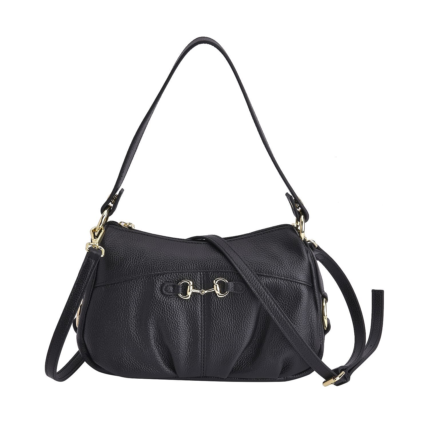 Genuine Leather Crossbody Bag with Detachable Strap - Black