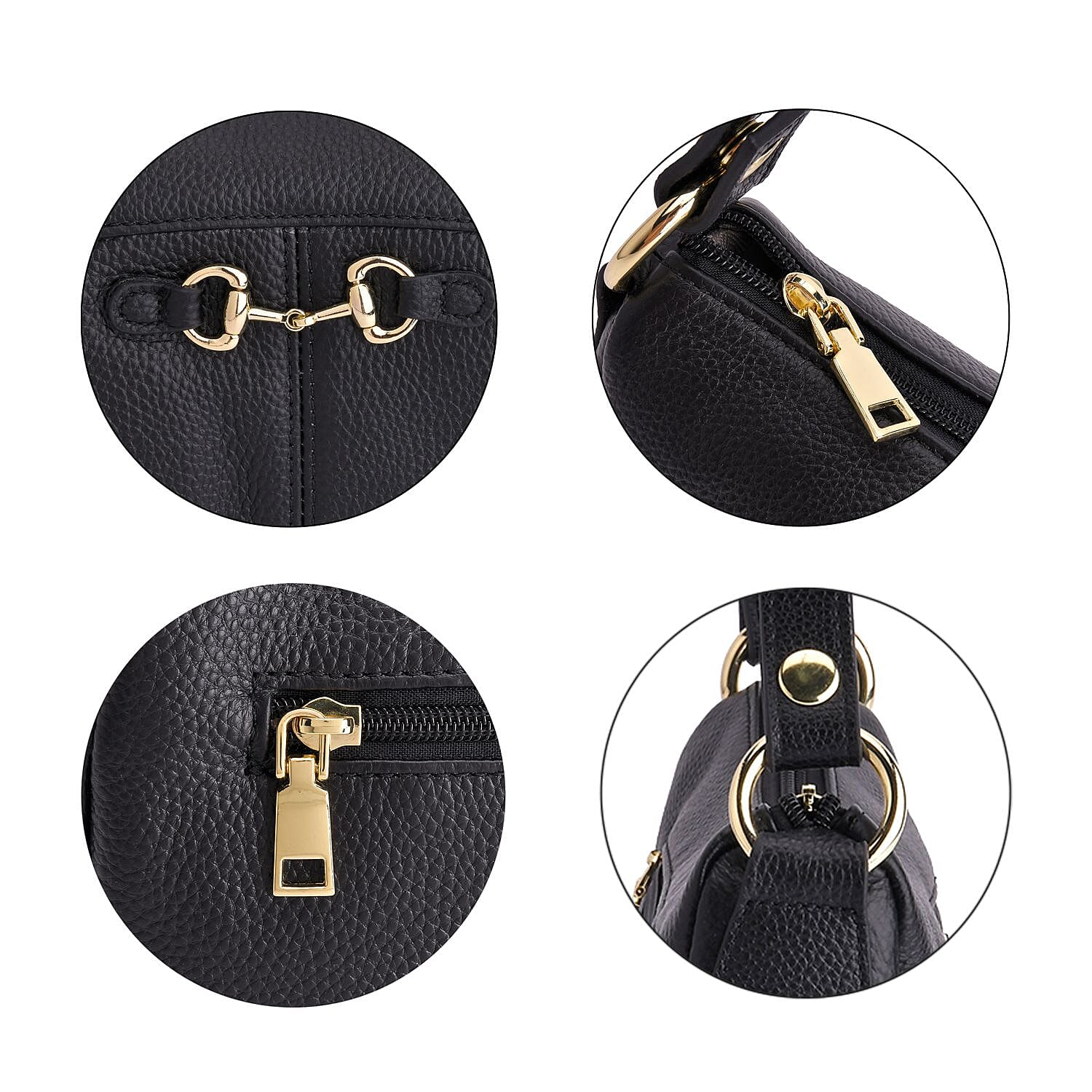 Genuine Leather Crossbody Bag with Detachable Strap - Black