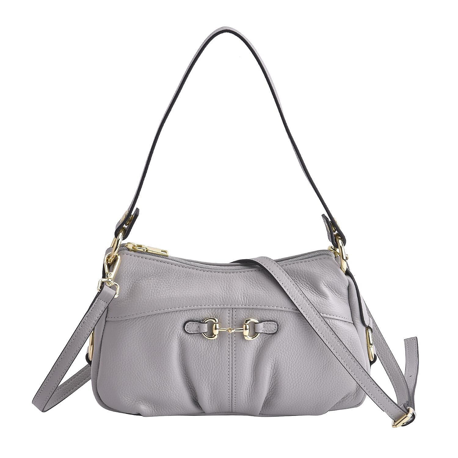 Genuine Leather Crossbody Bag with Detachable Strap - Grey