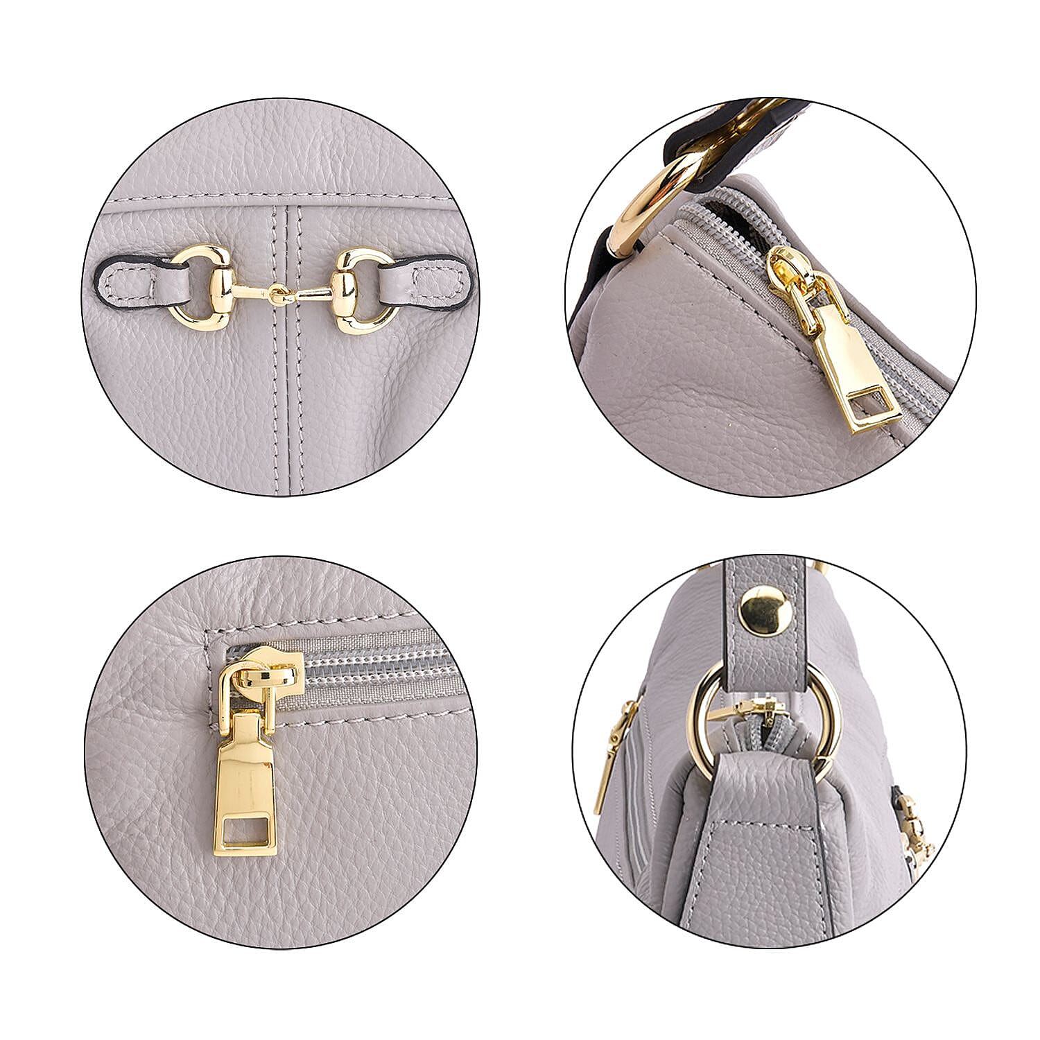 Genuine Leather Crossbody Bag with Detachable Strap - Grey