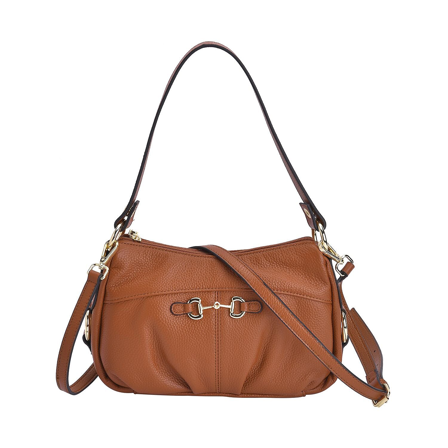 Genuine Leather Crossbody Bag with Detachable Strap - Tan