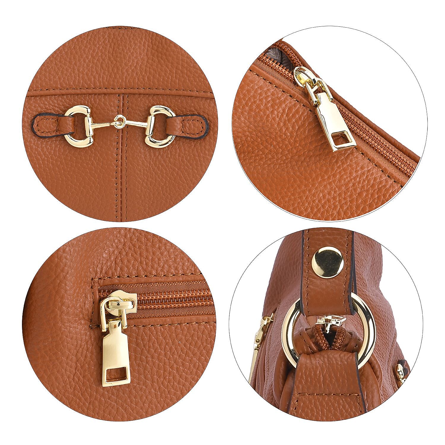 Genuine Leather Crossbody Bag with Detachable Strap - Tan