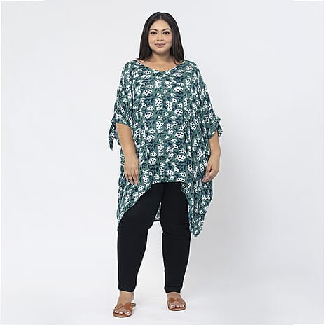 Tamsy 100% Viscose Cold Shoulder Longline Top (One Size Curve,20-26) - Green and Navy