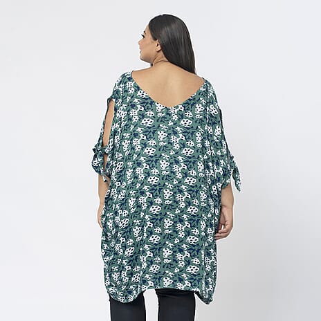 Tamsy 100% Viscose Cold Shoulder Longline Top (One Size Curve,20-26) - Green and Navy
