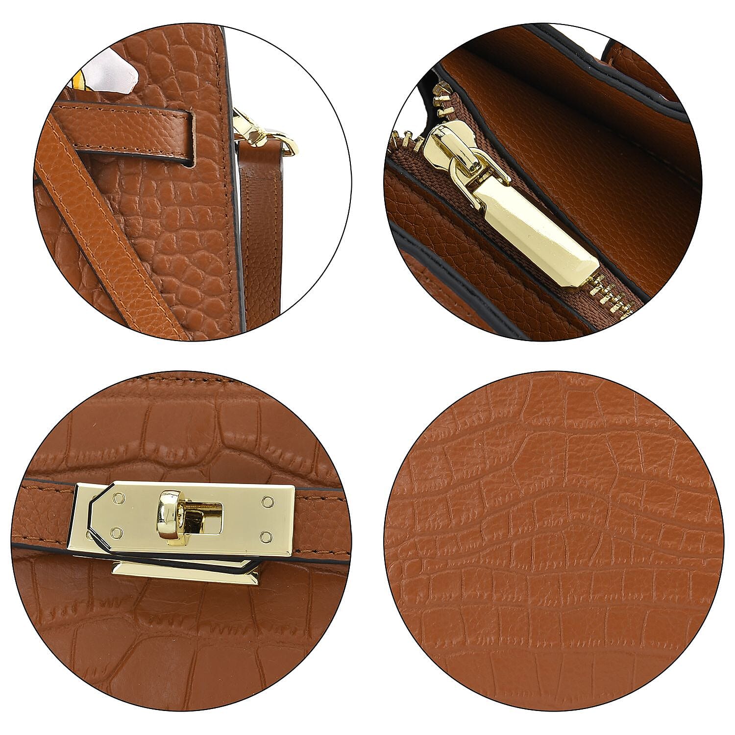 La Marey Genuine Leather Solid Crossbody Bag with Detachable Strap - Tan