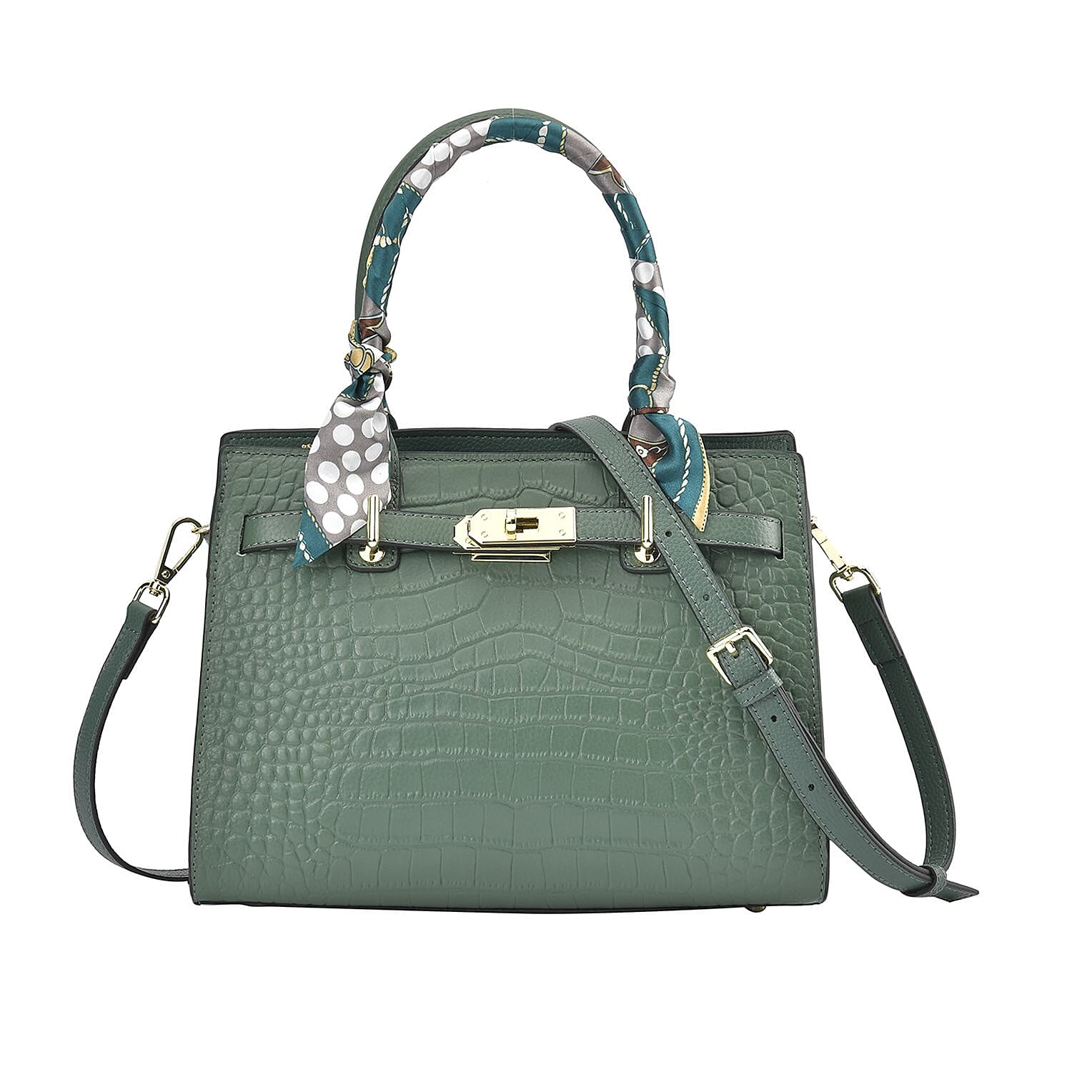 La Marey Genuine Leather Solid Crossbody Bag with Detachable Strap - Green