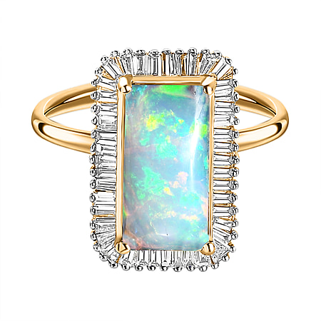 Ethiopian Welo Opal and Diamond Halo Ring in 18K Vermeil YG Plated Sterling Silver 2.07 Ct