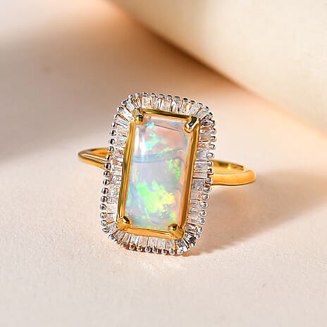 Ethiopian Welo Opal and Diamond Halo Ring in 18K Vermeil Yellow Gold Plated Sterling Silver 2.09 Ct.
