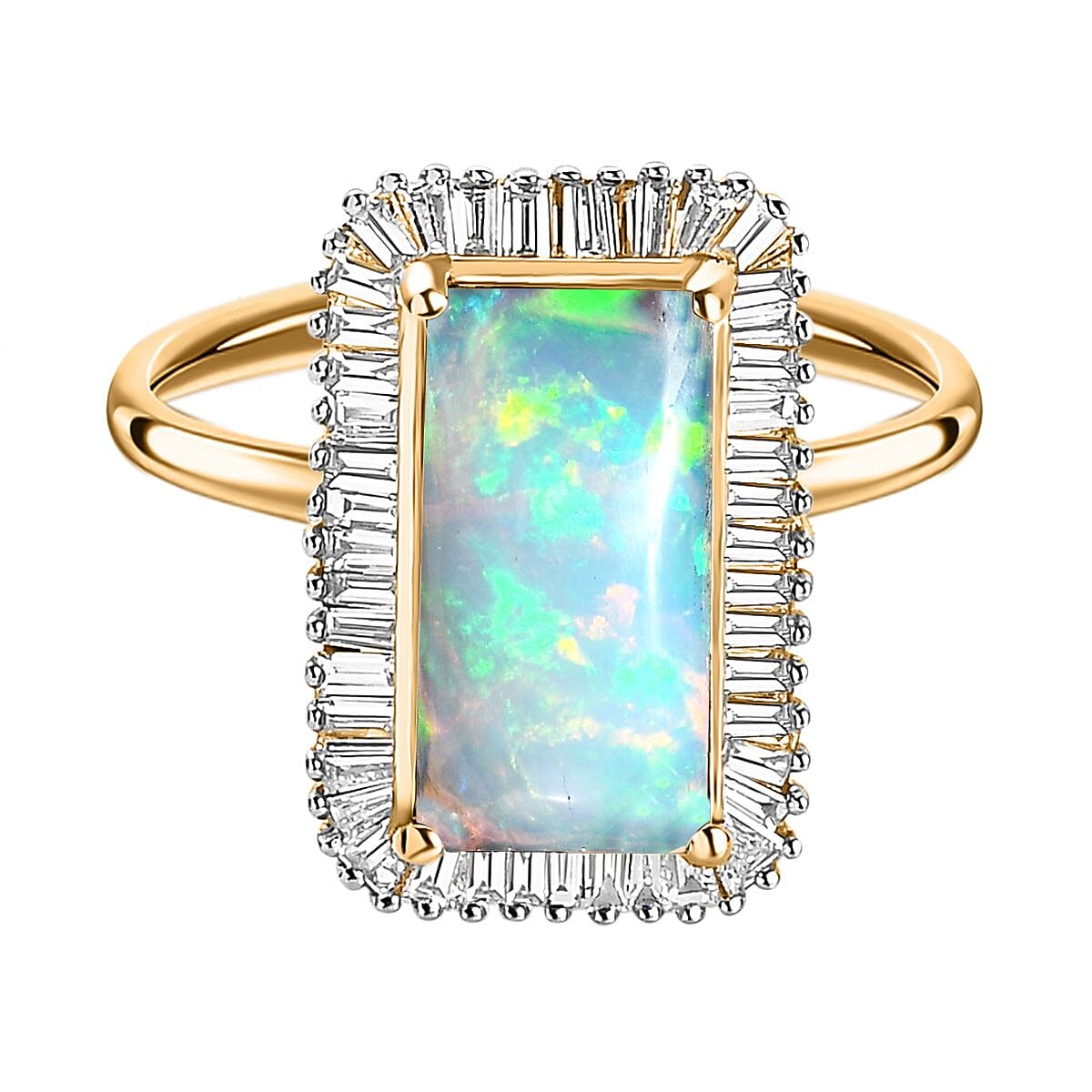 Ethiopian Welo Opal and Diamond Halo Ring in 18K Vermeil Yellow Gold Plated Sterling Silver 2.09 Ct. Ethiopian Welo Opal and Diamond Halo Ring in 18K Vermeil Yellow Gold Plated Sterling Silver 2.09 Ct.