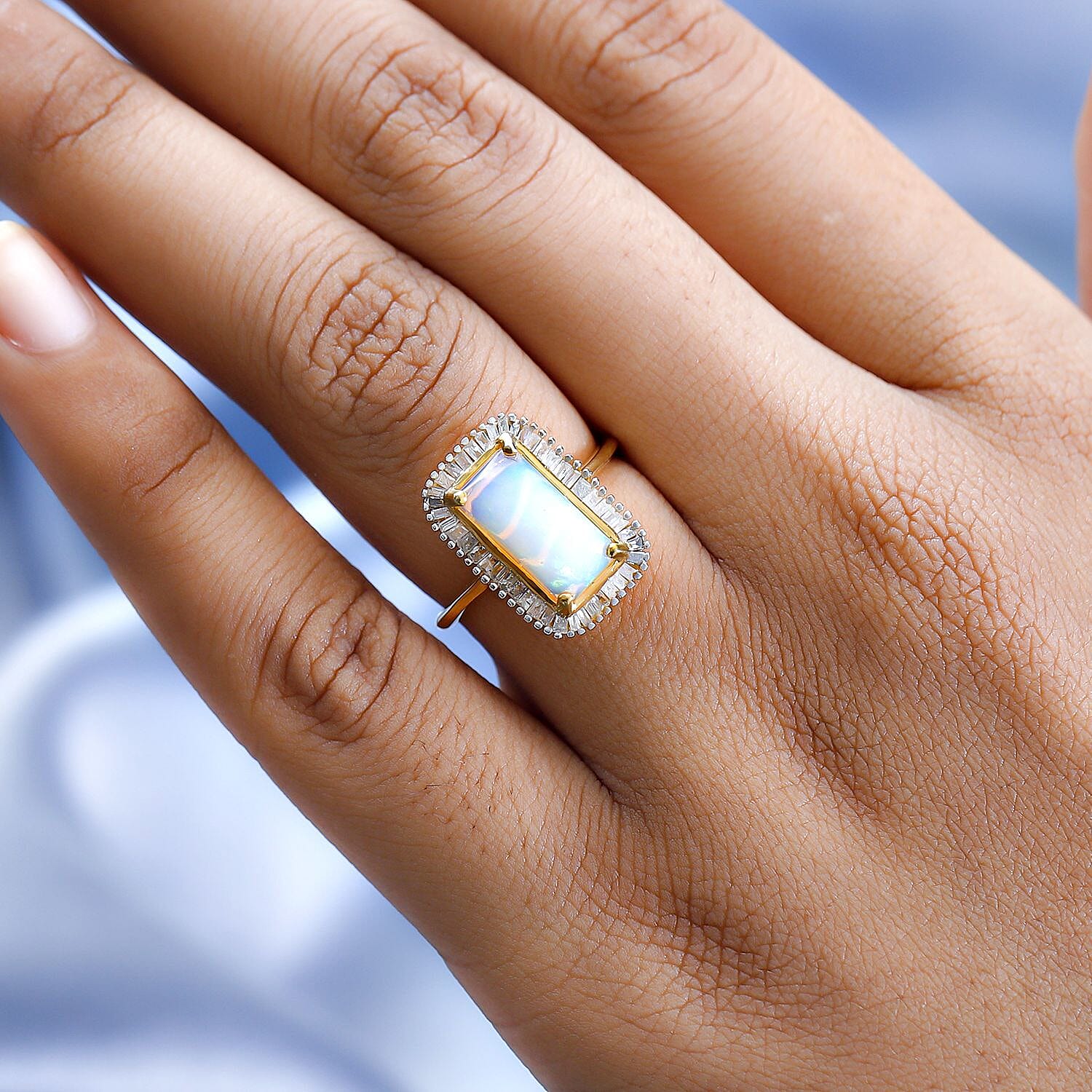 Ethiopian Welo Opal and Diamond Halo Ring in 18K Vermeil Yellow Gold Plated Sterling Silver 2.09 Ct. Ethiopian Welo Opal and Diamond Halo Ring in 18K Vermeil Yellow Gold Plated Sterling Silver 2.09 Ct.