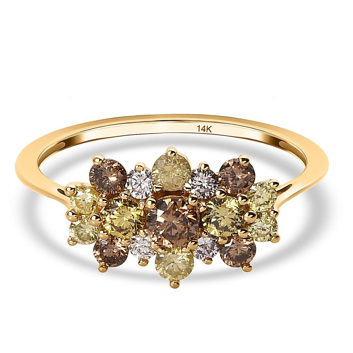 14K Yellow Gold SGL Certified Champagne Diamond, Pink Diamond, Natural Yellow Diamond and Green Diamond Ring 1.005 Ct