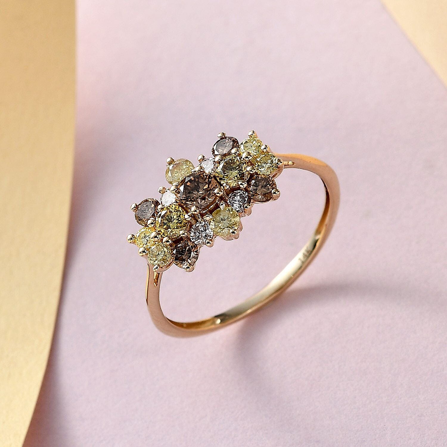 14K Yellow Gold SGL Certified Champagne Diamond, Pink Diamond, Natural Yellow Diamond and Green Diamond Ring 1.005 Ct