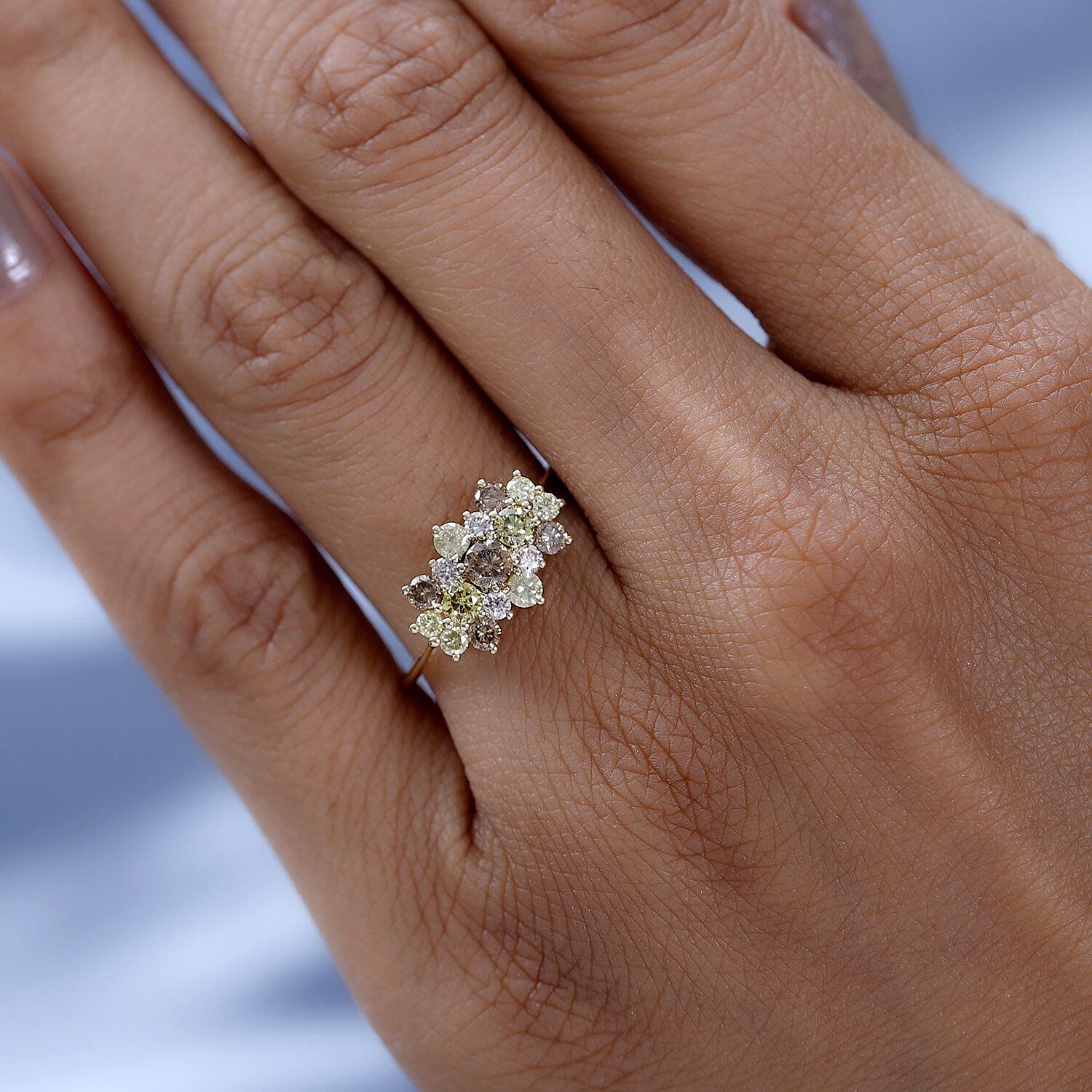 14K Yellow Gold SGL Certified Champagne Diamond, Pink Diamond, Natural Yellow Diamond and Green Diamond Ring 1.005 Ct