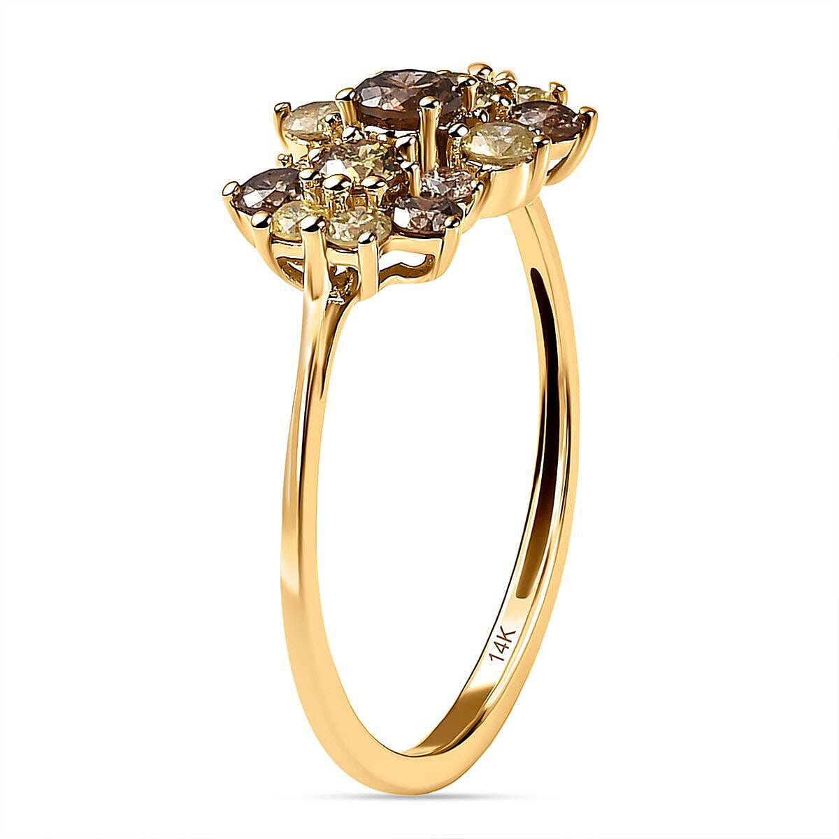 14K Yellow Gold SGL Certified Champagne Diamond, Pink Diamond, Natural Yellow Diamond and Green Diamond Ring 1.005 Ct