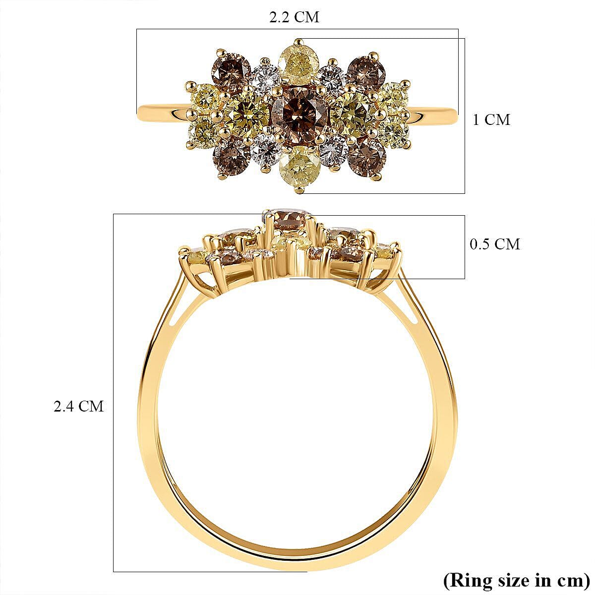 14K Yellow Gold SGL Certified Champagne Diamond, Pink Diamond, Natural Yellow Diamond and Green Diamond Ring 1.005 Ct