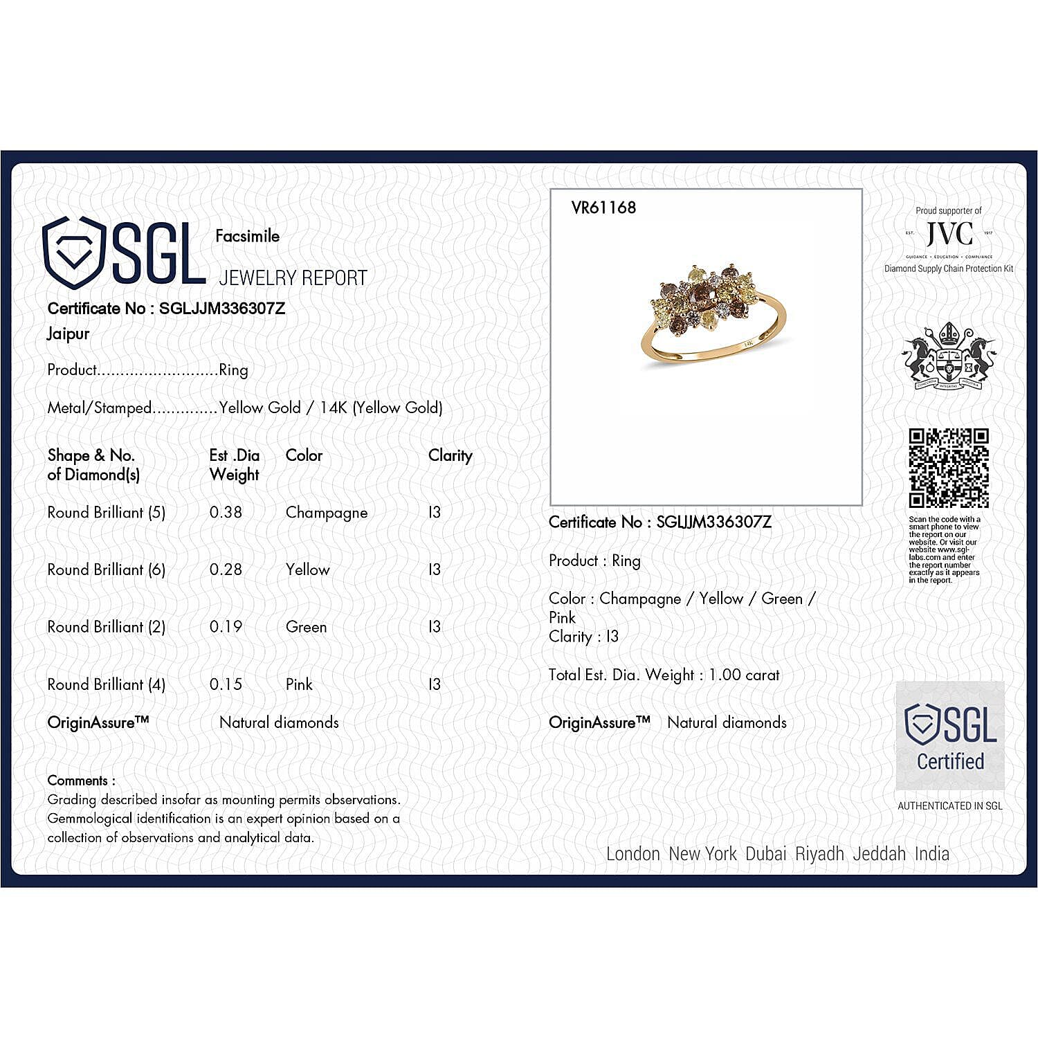 14K Yellow Gold SGL Certified Champagne Diamond, Pink Diamond, Natural Yellow Diamond and Green Diamond Ring 1.005 Ct