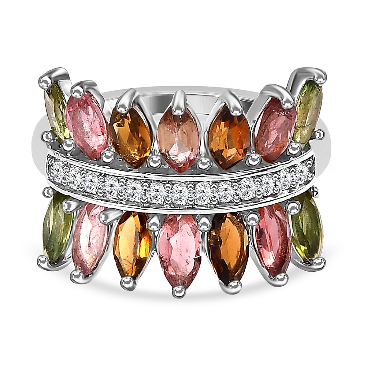 Multi-Tourmaline and Natural Zircon Ring in Platinum Overlay Sterling Silver 3.20 Ct.