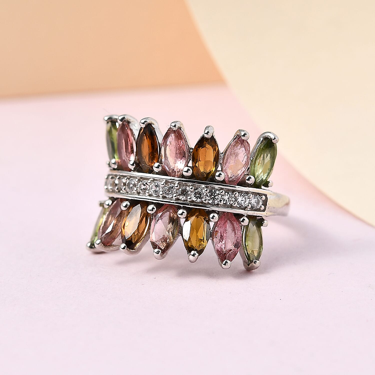 Multi-Tourmaline and Natural Zircon Ring in Platinum Overlay Sterling Silver 3.20 Ct.