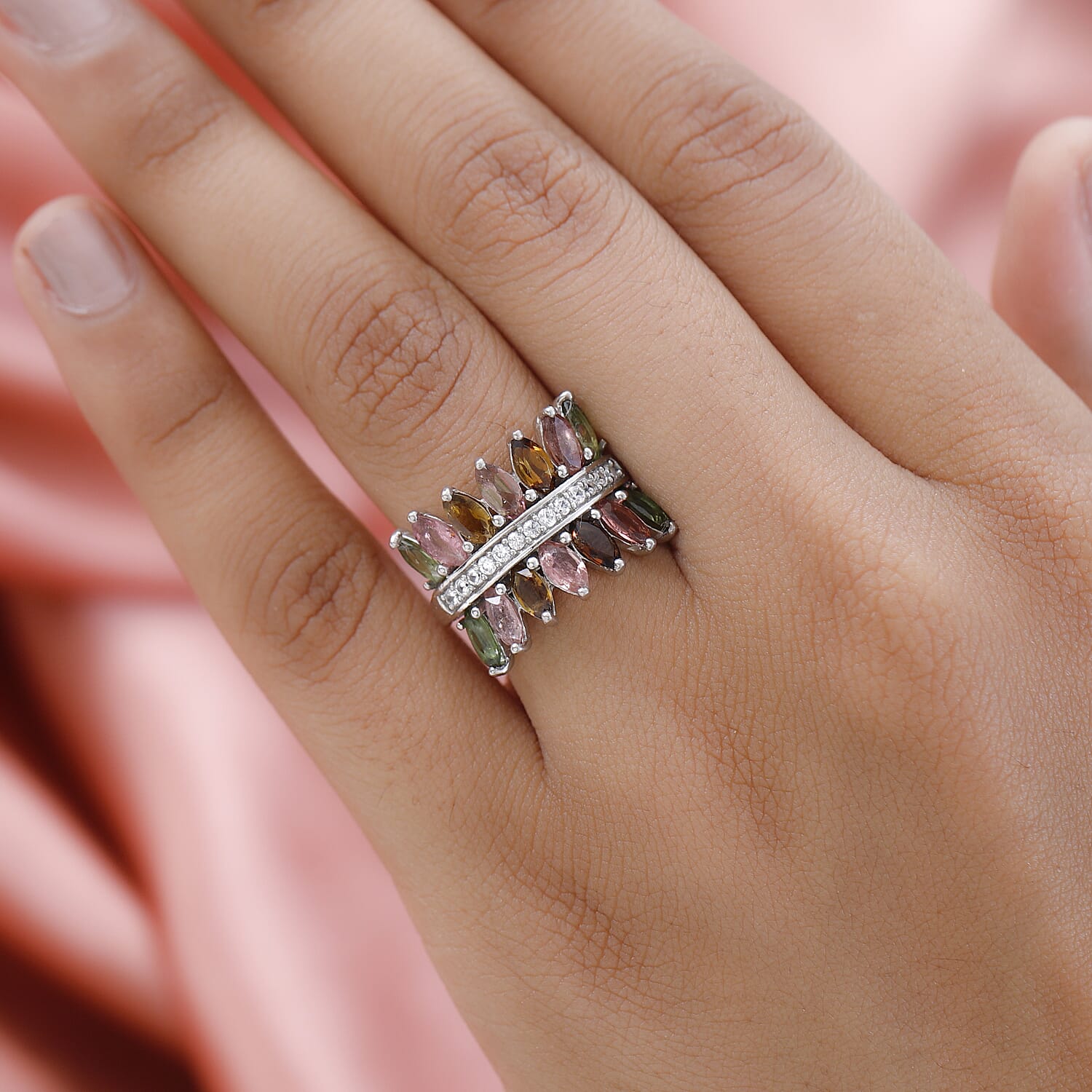 Multi-Tourmaline and Natural Zircon Ring in Platinum Overlay Sterling Silver 3.20 Ct.